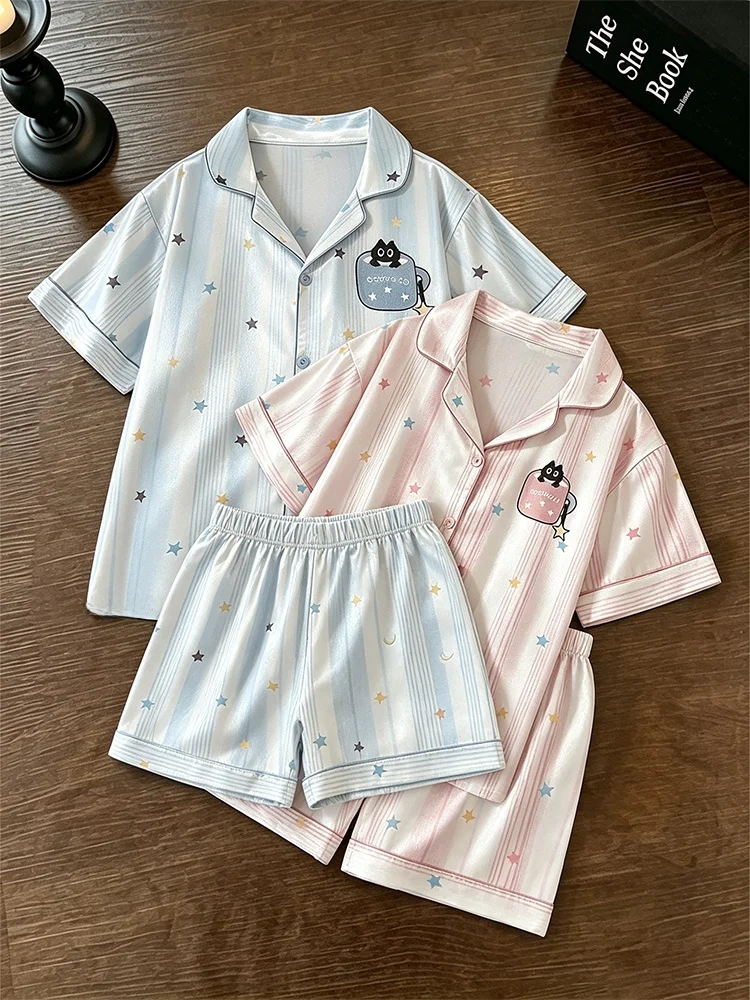 ストライプ猫カップルアイスシルクパジャマ半袖ショーツホーム服春秋メンズセット超ソフトポリエステル繊維