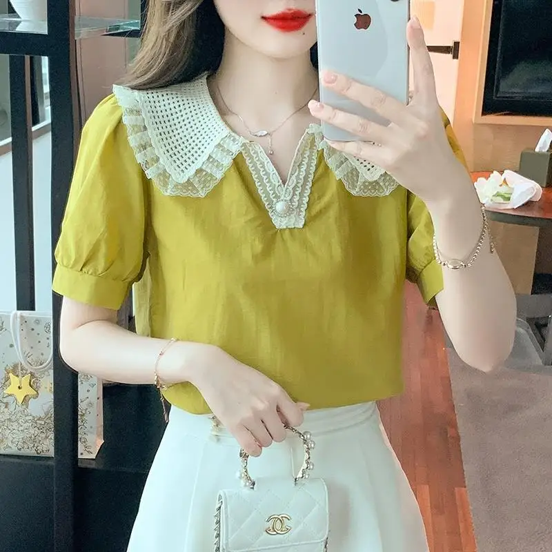 New Women Trendy Sweet Kawaii Lace Patchwork Blouses Korean Style Short Sleeve Loose Shirts Casual Solid Elegant Chic Tops Blusa