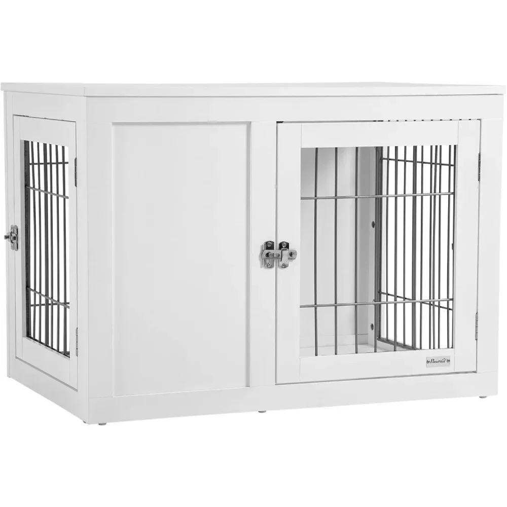 

Dog Crate Furniture Wire Indoor Pet Kennel Cage, End Table with Double Doors, Locks for Small and Medium Dog House, White