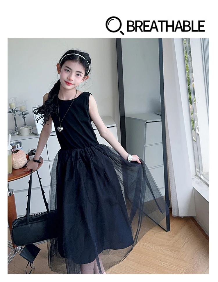 Schwarzes, rückenfreies, einteiliges Tüllkleid für Teenager-Mädchen, ärmelloses, langes Patchwork-Gaze-Kleid für Kinder, Sommerkostüm. – Detail 8