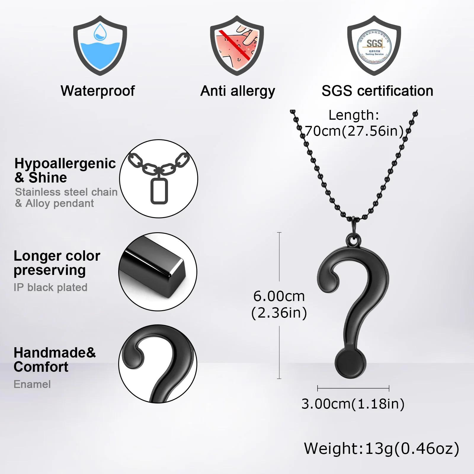 Black Question Mark Pendant Necklace for Men,Punk Gothic Y2K Chain Streetwear Statement Jewelry Gift for Him