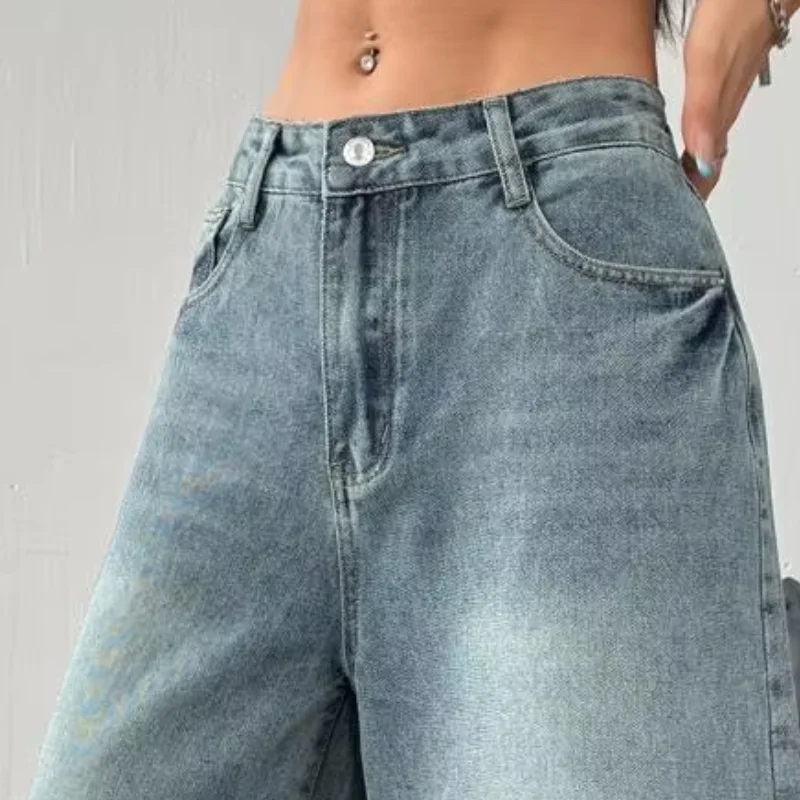 Women Denim Shorts Classic Denim High Waisted Knee Length Baggy Jorts Wide Leg Loose Double Pocket Shorts
