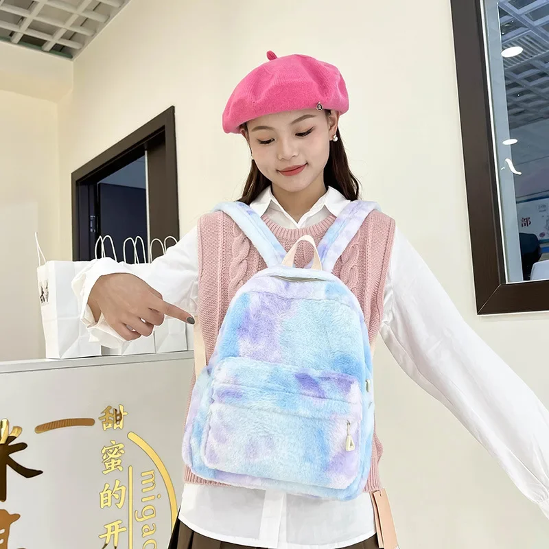 New fashion women fur backpack girl autumn and winter backpack female graffiti plush schoolbag