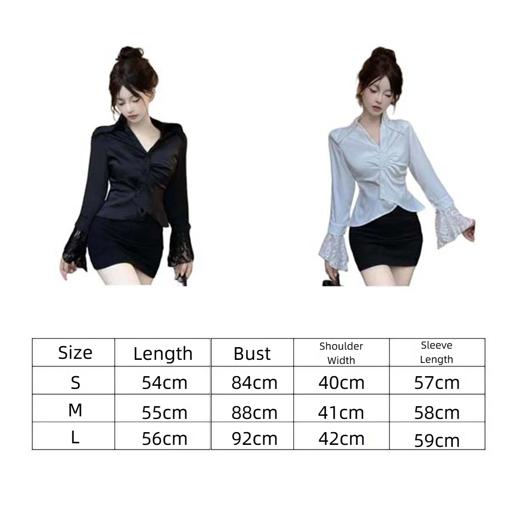 เสื้อเชิ้ตแขนยาวลูกไม้คอวี เสื้อผ้าลูกไม้ แขนเสื้อ สีดำ สีขาว เสื้อสไตล์เกาหลี สั้น สลิมฟิต กระดุมขึ้น