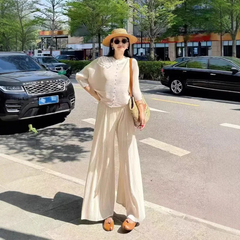 

Miyake Pleated Pants Set Plisse Women 2026 Spring/Summer New Unique Niche Design Pleats Cardigan Top+Wide-Leg Pants 2-Piece Set