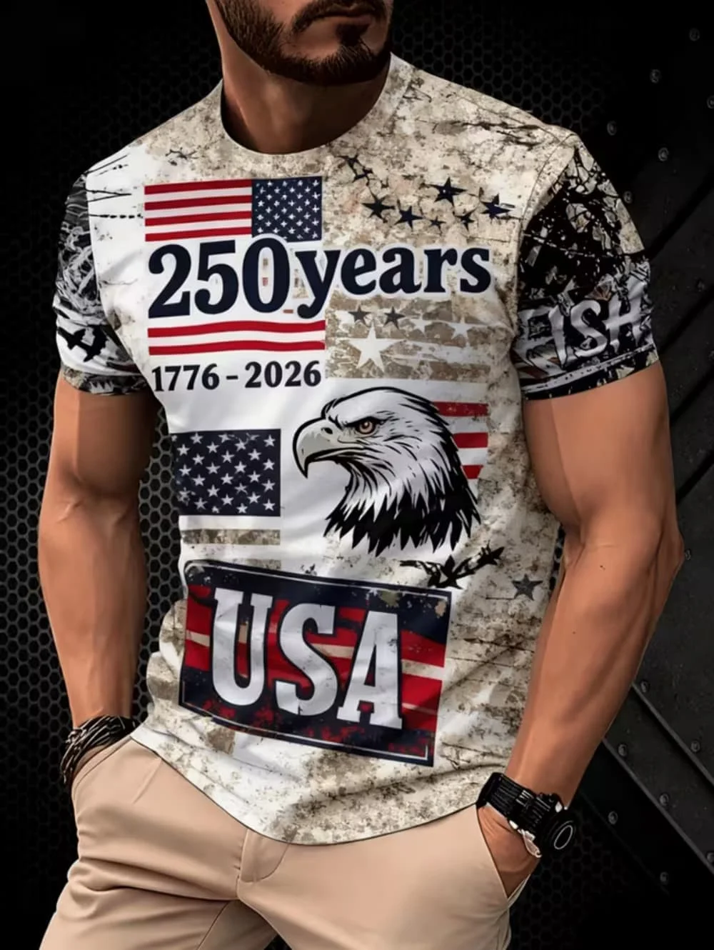 Summer Men's T-Shirt USA 250th Anniversary Eagle 3D Print Short Sleeve Top Quick Dry Vintage T-Shirt Men's O-Neck Pullover Tops