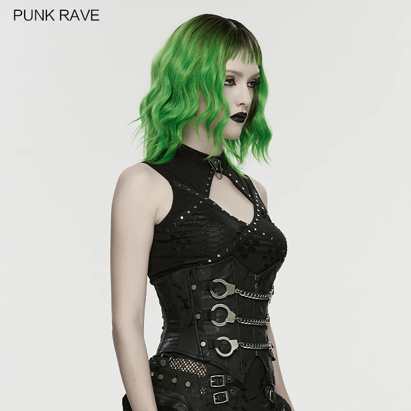 PUNK RAVE Women's Punk Printed Twill Metal Handcuffs Chain Corset Strong Personality Rebellious Dark Visual Kei Accessories