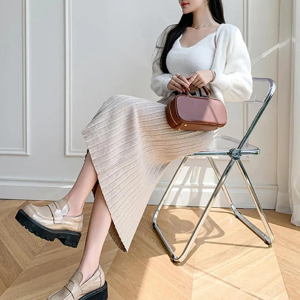 Solid Color Skirt Elegant High Waist Knitting Skirt for Women Solid Color Pleated Midi Skirt Autumn Winter Wear Fashion Piece