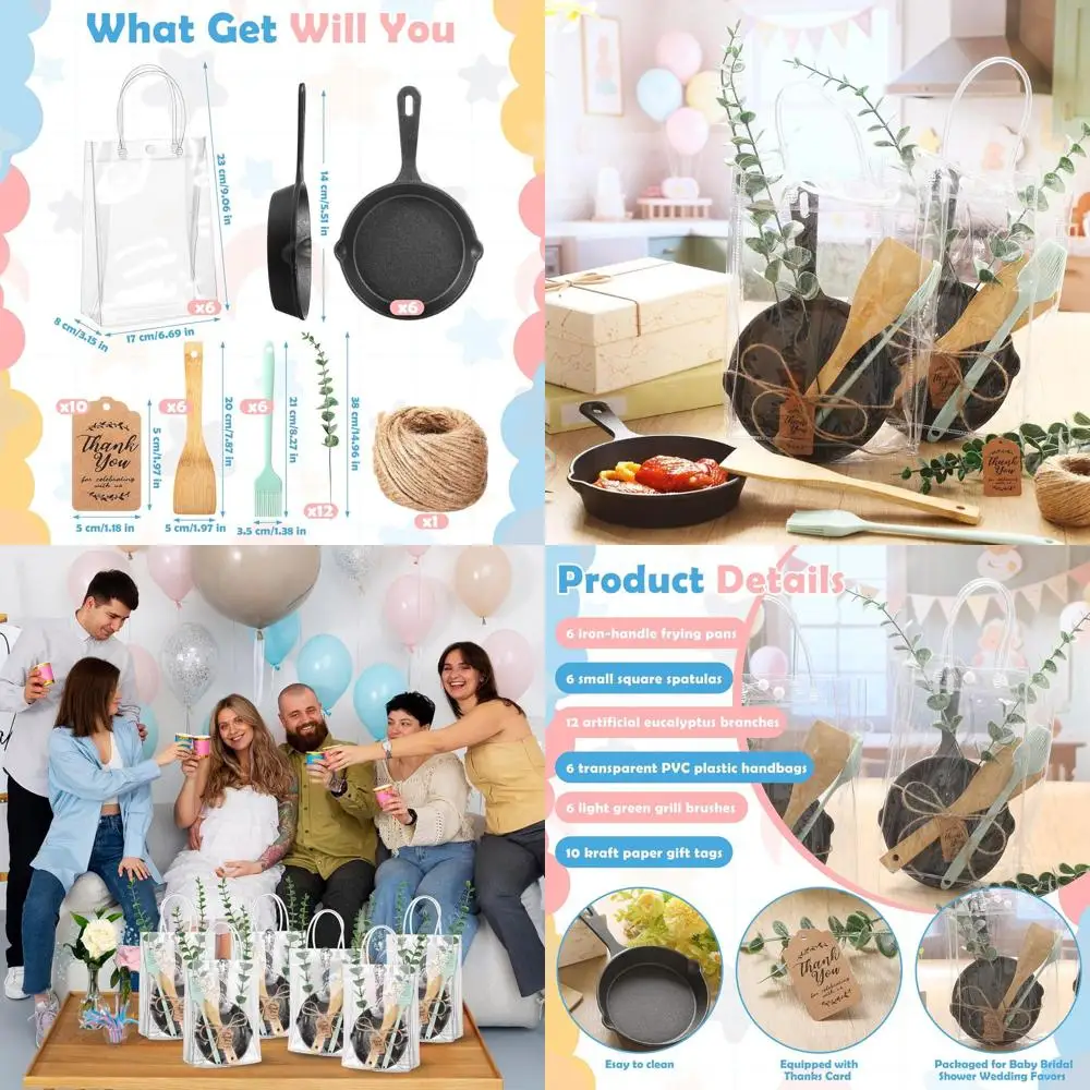

Set of 47 Baby Shower Prizes, 6 Cast Iron Skillets, Eucalyptus Stems, Thank You Cards, and Gift Bags for Bridal Party