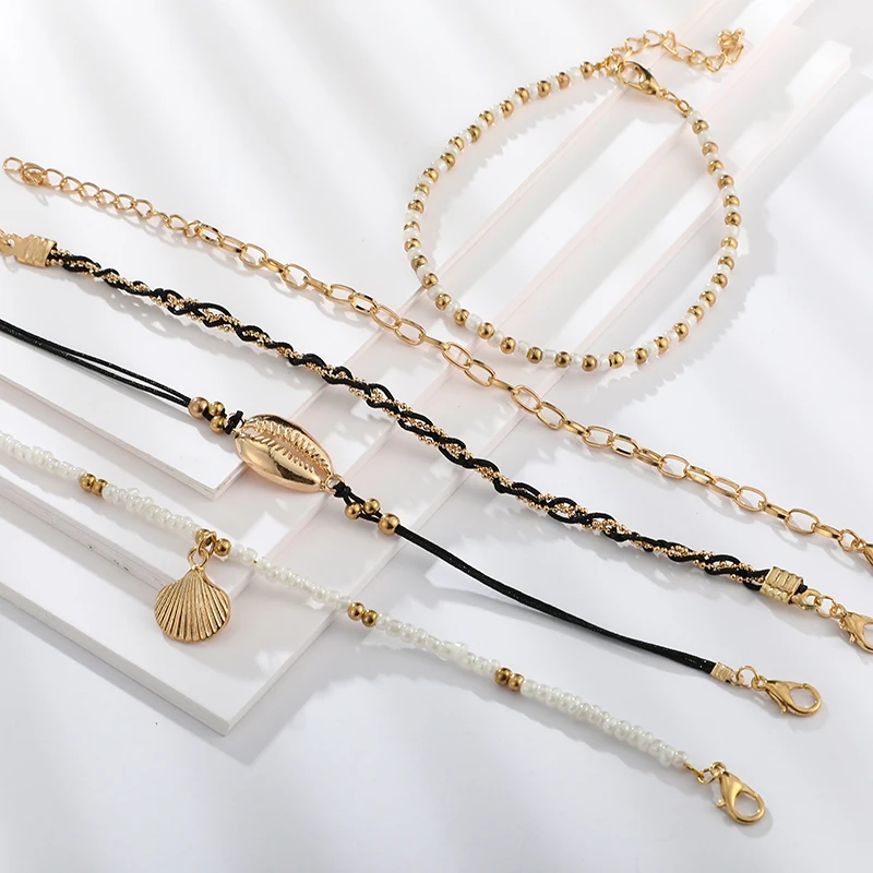 Tocona Bohemian Weave Shell Pendant Anklets for Women Colorful Bead Clear Crystal Stone Drop Foot Bracelet Summer Beach Jewelry