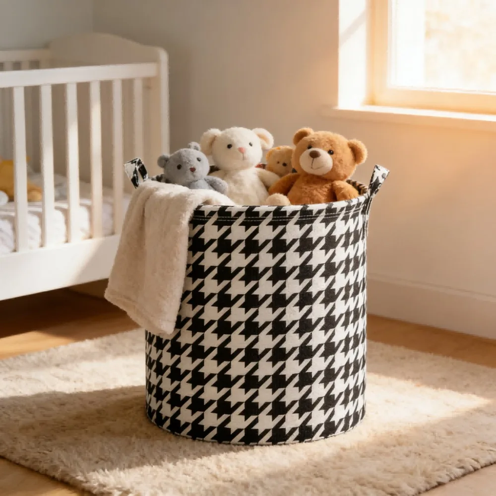 Houndstooth Laundry Basket Foldable Non Woven Fabric Clothes Hamper Large Storage Bin For Kids Toys Blankets Bathroom Organizer