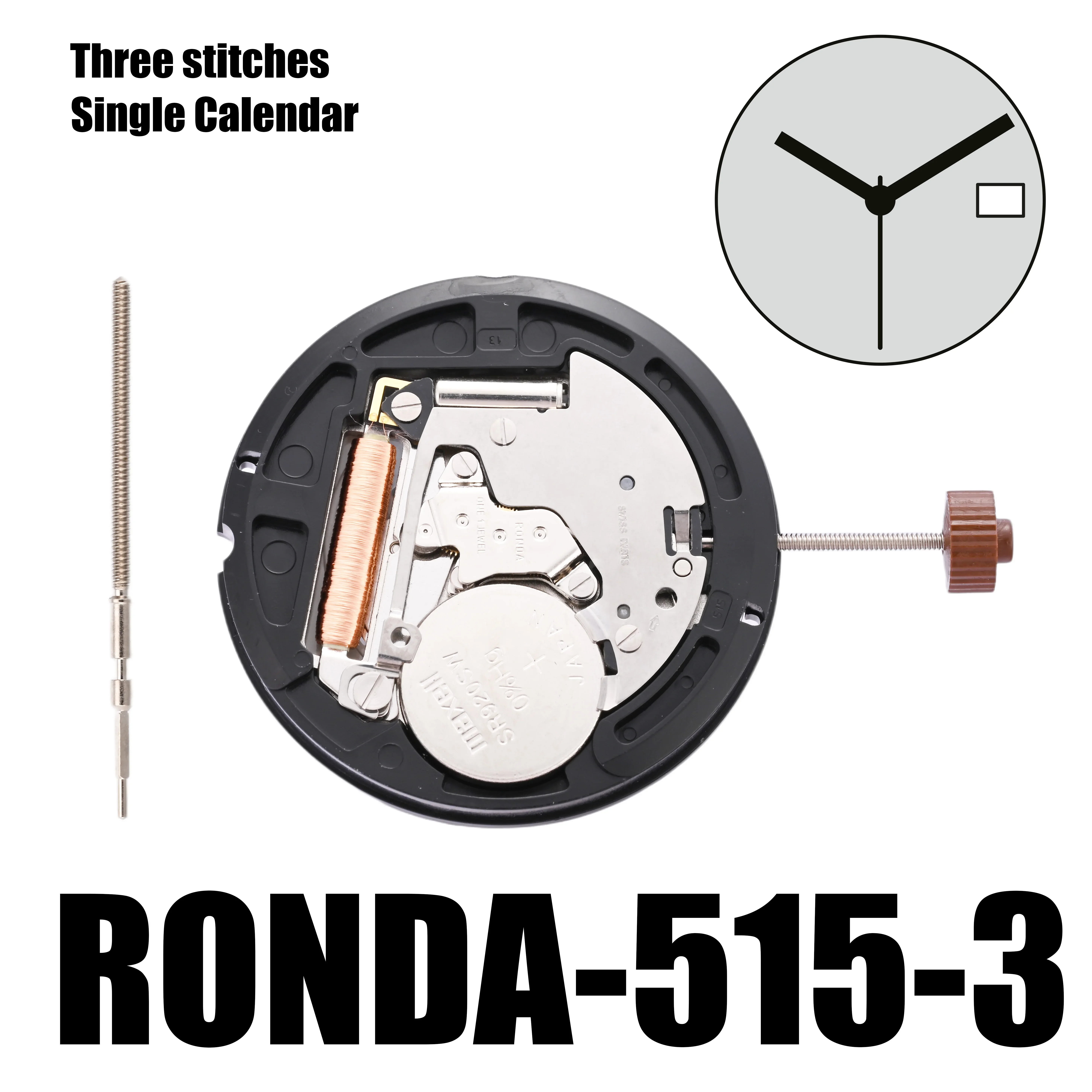 515 Movement Ronda 515-3 Ronda Movement powertech Size 3mm 11½\'\'\' 25.60 mm 3 hands Date Displayed at 3 o\'clock/at 6 o\'clock