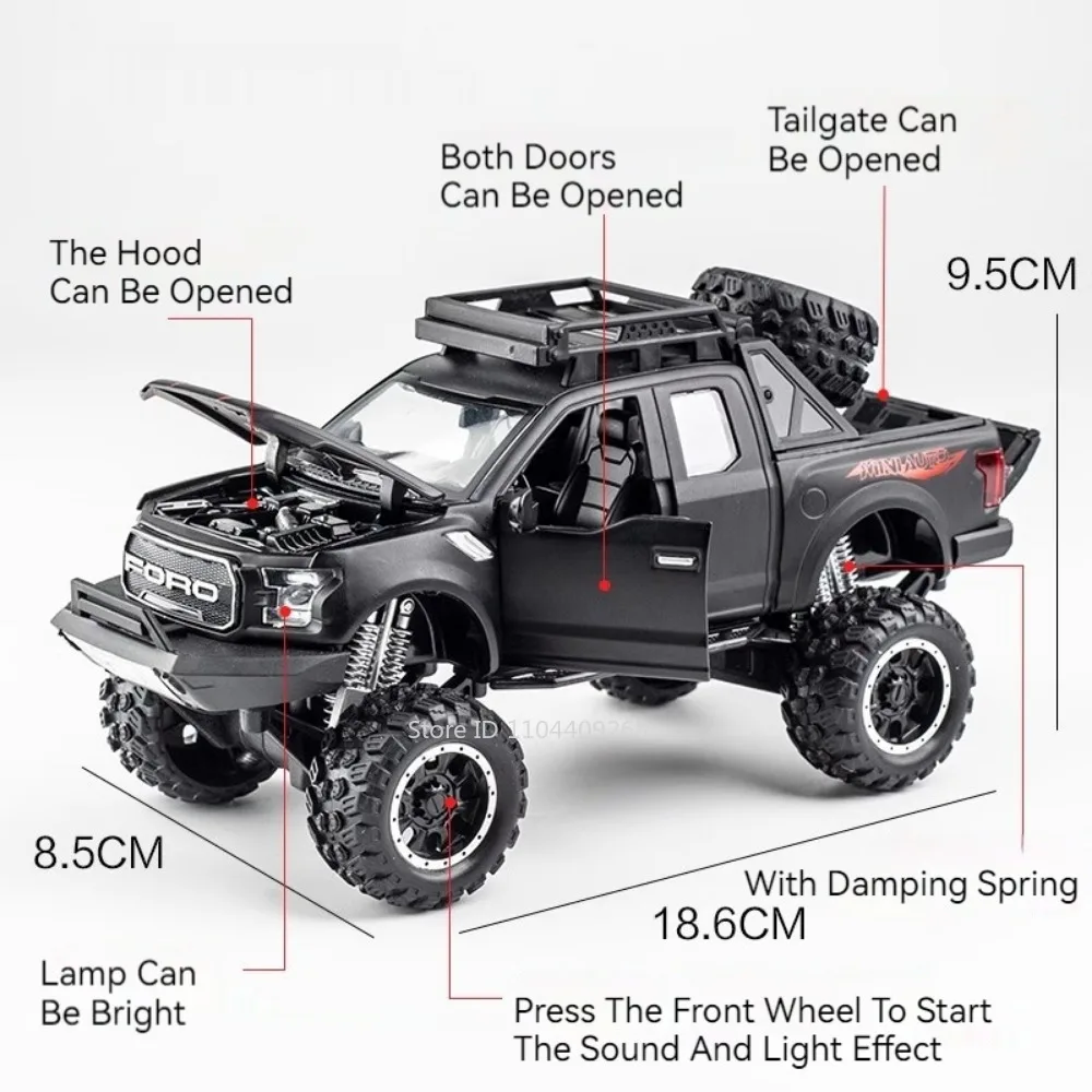 1:32 Scale Raptor F-150 BigFoot Pickup Car Model Toy Pull Back Sound&Light Off Road Truck Models Collection Gifts For Kids