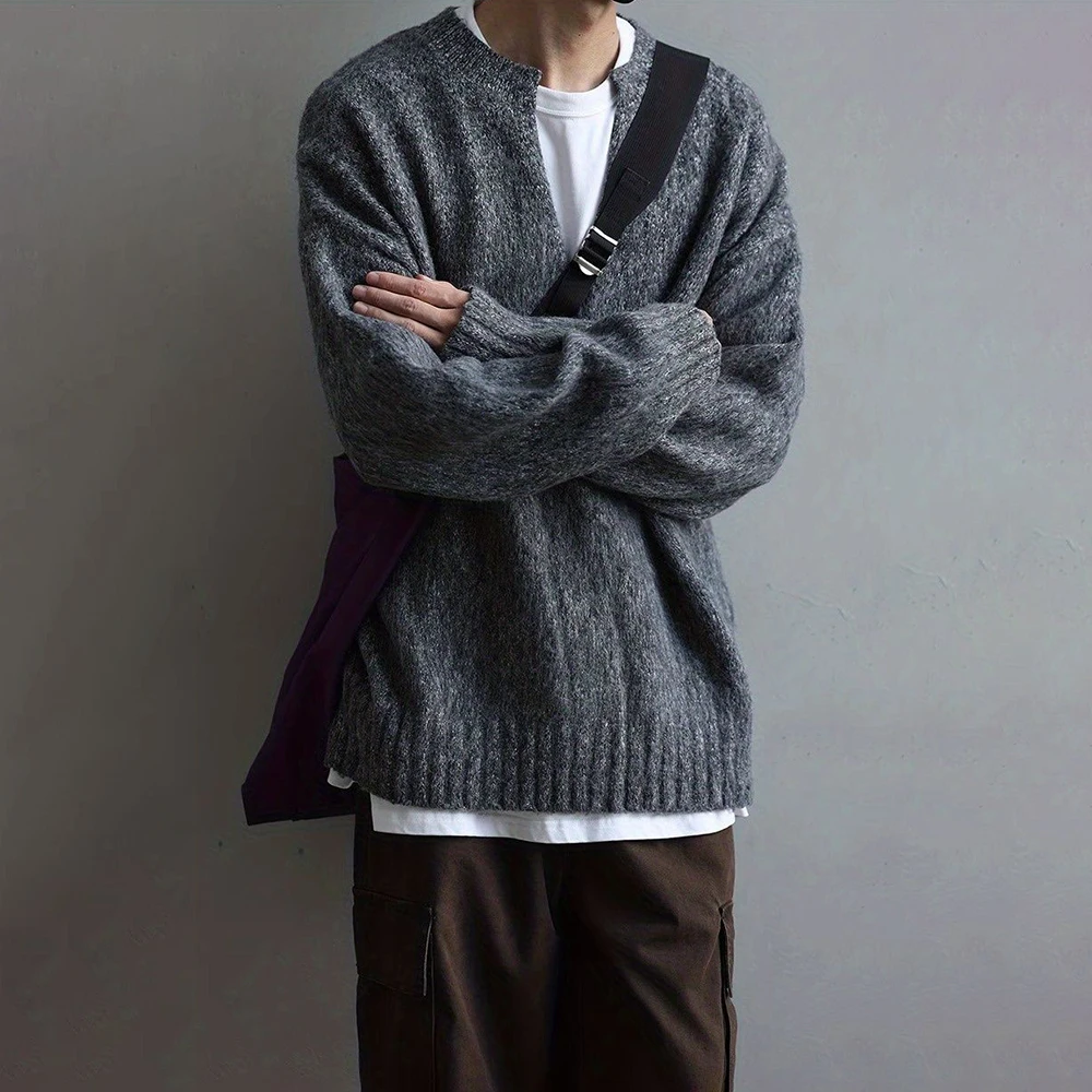 American Street Fashion Solid Color V-Neck Sweater Men Autumn And Winter Lazy Style High-End Y2k Knitted Sweater Jacket Men