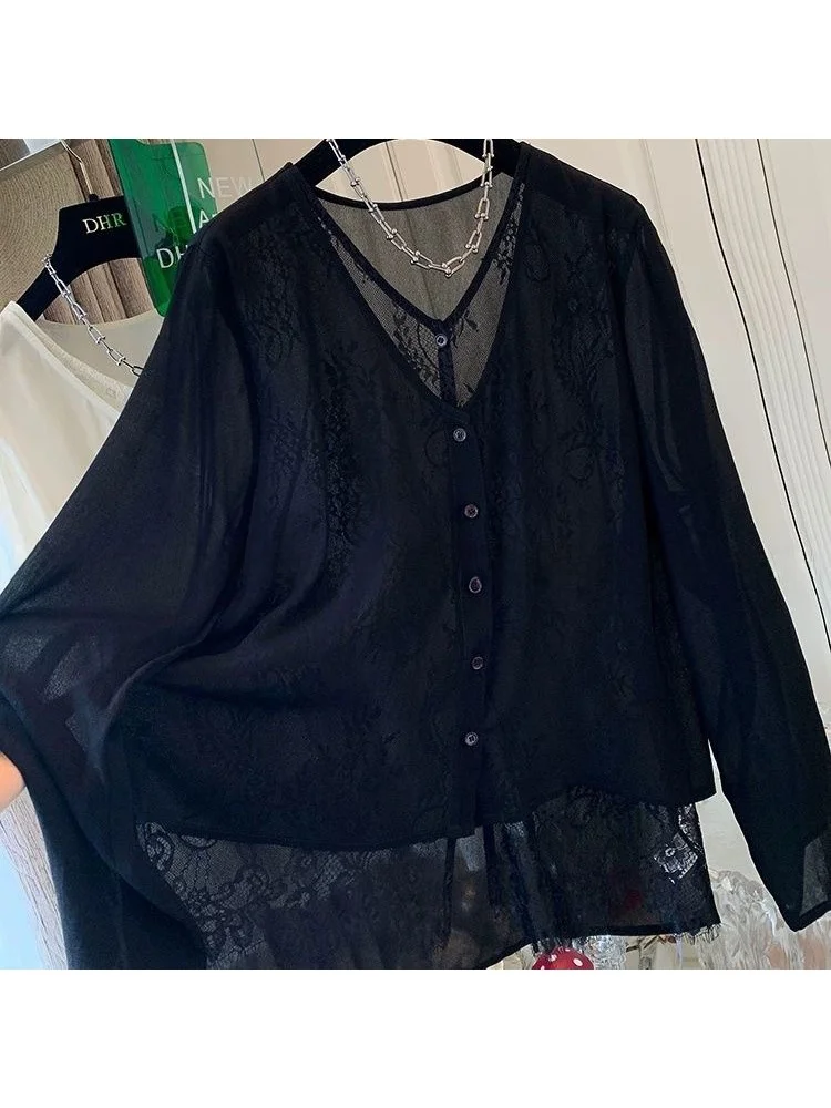 

plus Size Women's Lace Shirt Sun Protection Loose Summer Vacation Top Korean Style Polyester Fiber Long Sleeve V-Neck Thin