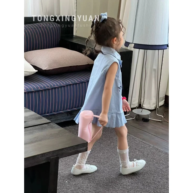 

Girls' Summer Vest Dress New Stylish Pleated Skirt Children's Korean Style Blue Sleeveless Shirt Dress