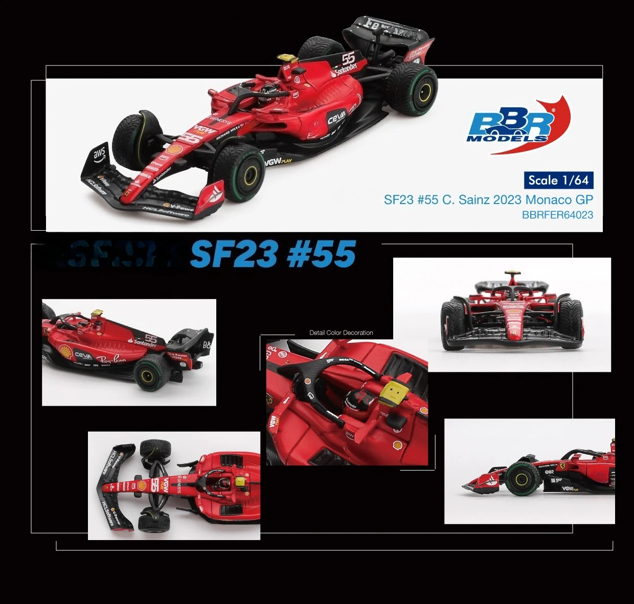 BBR 1:64 SF23 # 55 C. Sainz / # 16 Leclerc 2023 Monaco GP Modèle de voiture miniature en métal