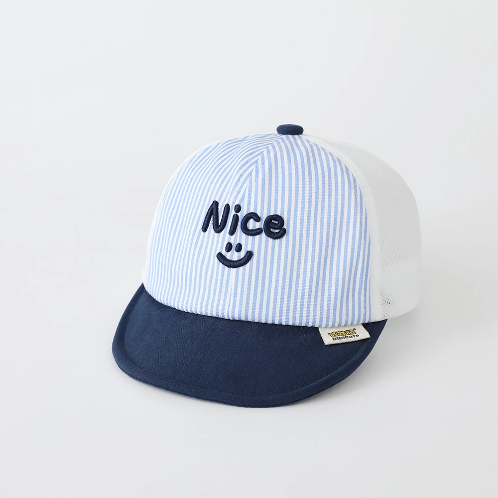 

Children's embroidered NICE smiling face striped patchwork netted baseball cap - suitable for outdoor sports and casual wear