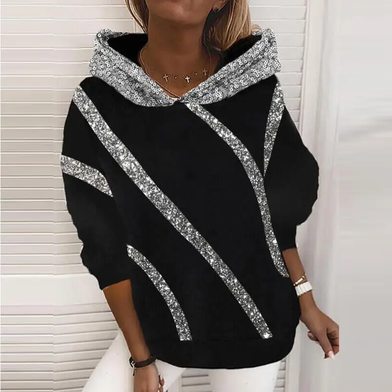 Inig – sweat-shirt à capuche à paillettes pour femme, Long, Sve, motif à rayures scintillantes, Fiber de Polyester, Streetwear décontracté