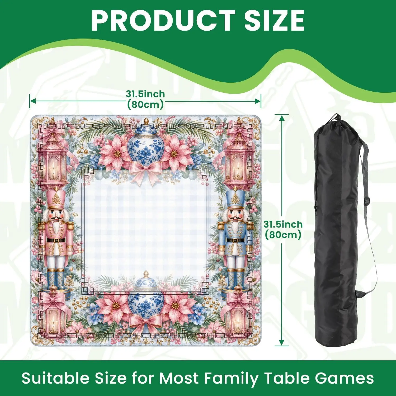 Watercolor Nutcracker Christmas Mahjong Mat 31.5x31.5 Vintage Lantern Floral Garland Frame Non‑slip Noise Reduction Table Cloth