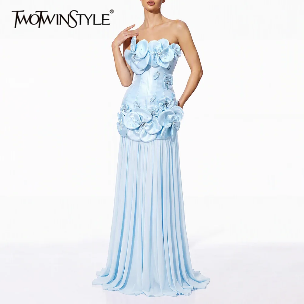 TWOTWINSTYLE 3D Flower Spliced Diamond Slimming Maxi Dress for Women Strapless Sleeveless Patchwork Zipper Dresses Female Style