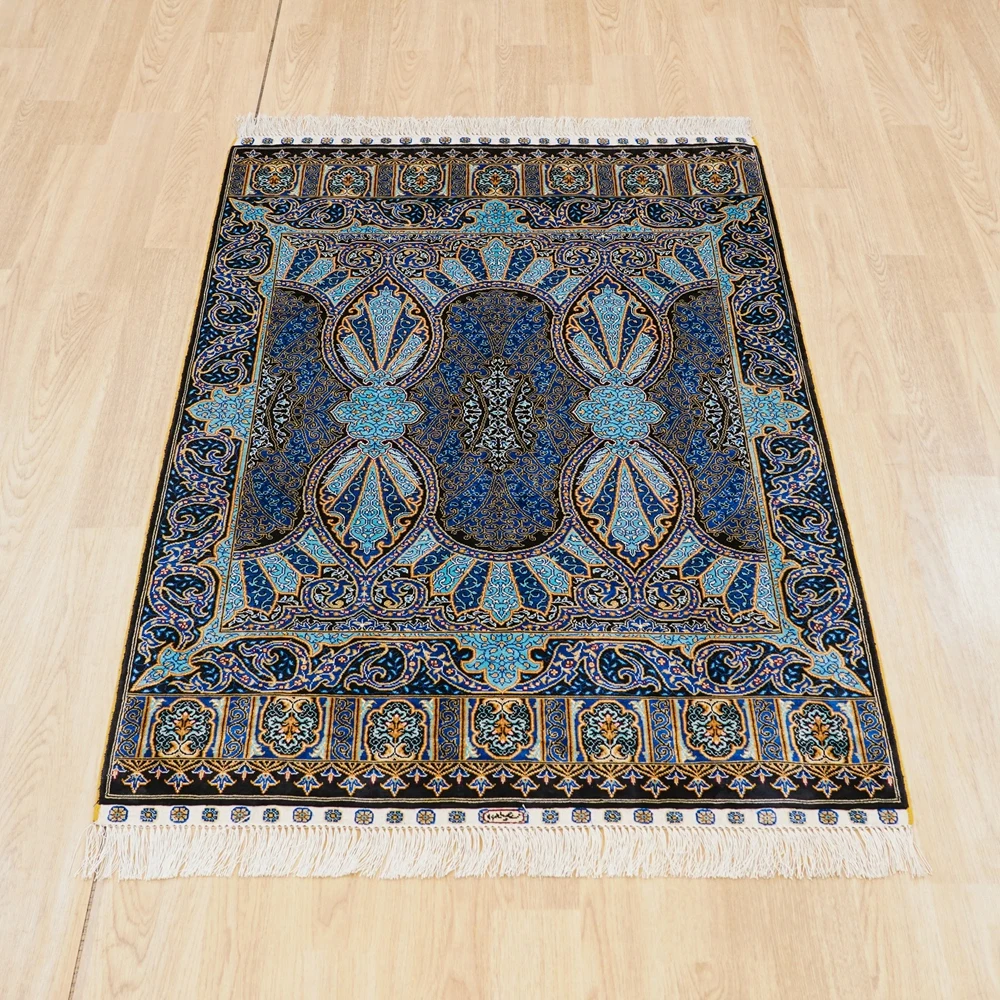 91x137cm Handmade Turkish Blue Rug Handmade Silk Small Carpet