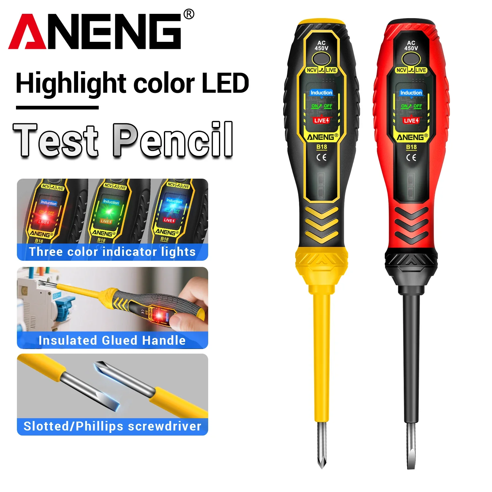 家庭用インテリジェント測定ペン-aneng-b18-ncv電圧検出ベルト付きプラスドライバー絶縁ハンドルラインメンテナンスツール