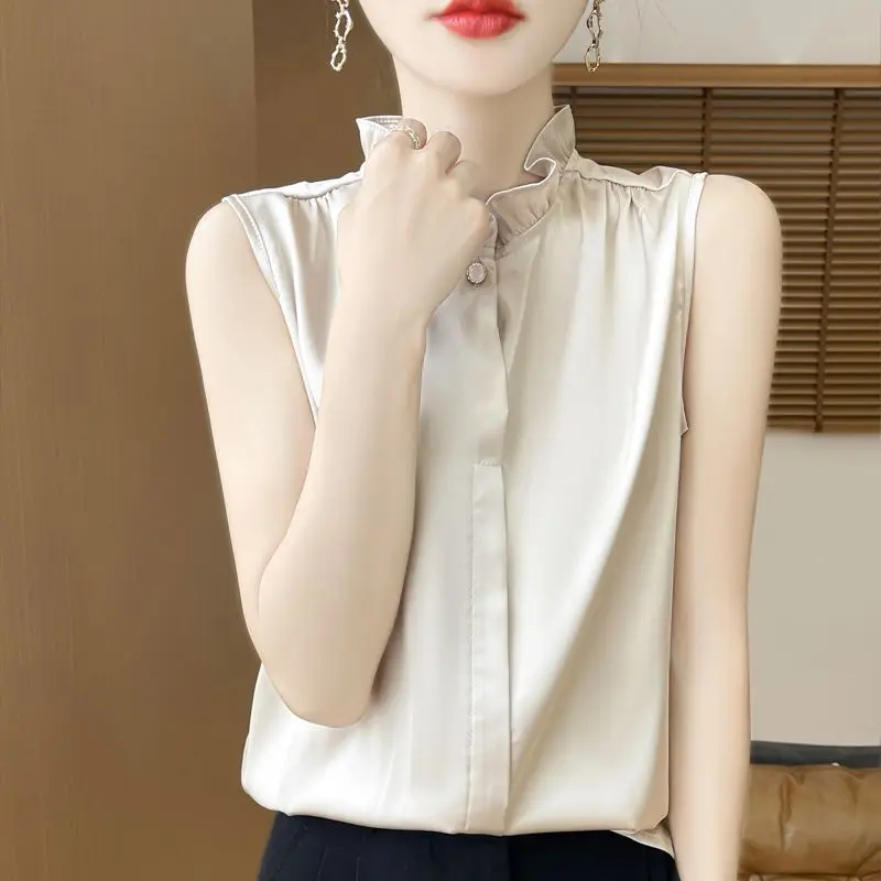 

Блузки без рукавов с рюшами, женские элегантные, чистые, стильные, повседневные, Mujer Blusas, летние, темпераментные, универсальные, корейские, простые, Harajuku