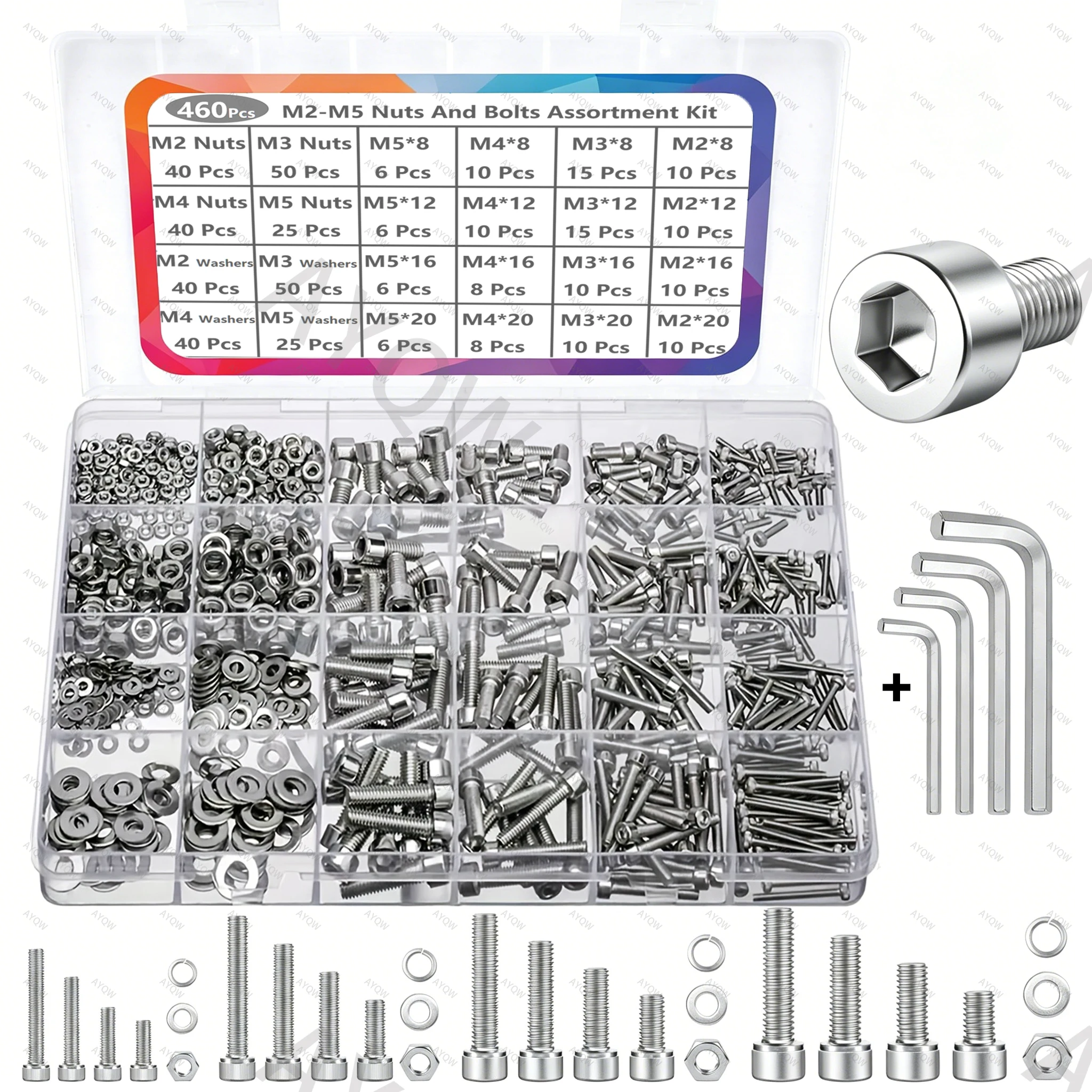 460/480Pcs Heavy-Duty Stainless Steel Hex Head Bolt&Nut Kit–M2/M3/M4/M5/M6 Full Thread Screws with Flat Washers+4 Allen Wrenches