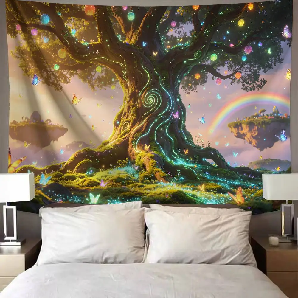 Fantasy Forest Tree Tapestry Crystal Sunlight Nature Landscape Wall Art for Bedroom Living Room Aesthetic Decor