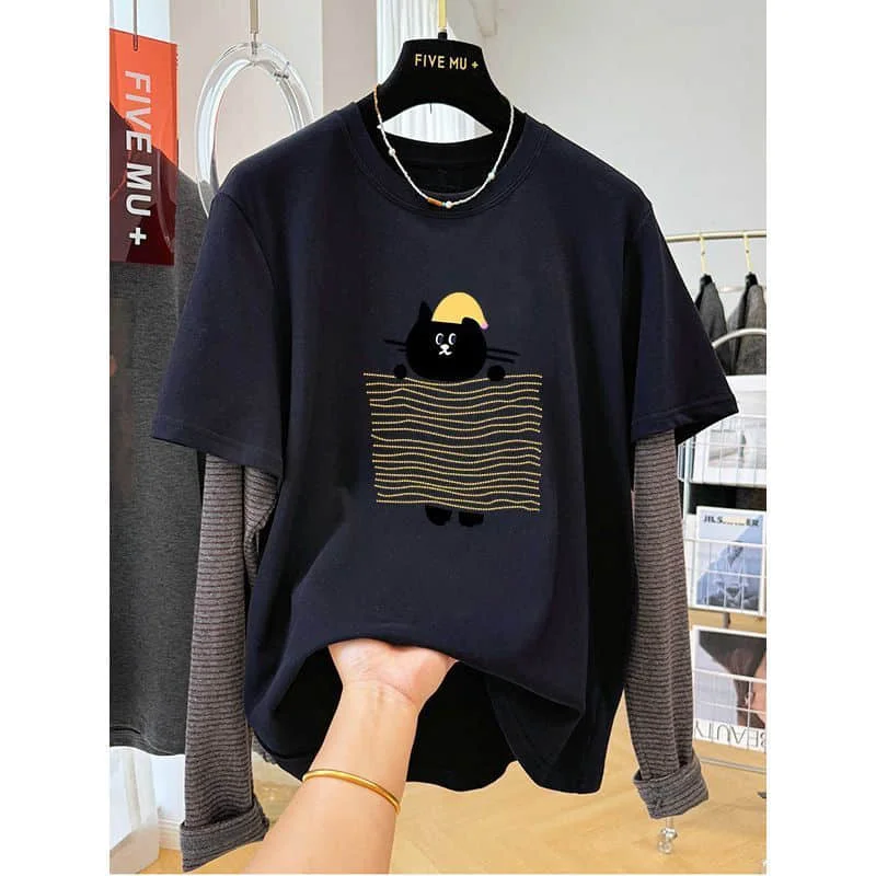 O-neck T-shirts Velvet Fleece Cartoon Print False Two-piece Tops Casual Korean Style Long Sleeve 2026 Autumn Women Clothing
