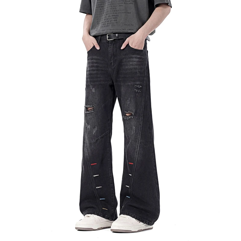 Black Jeans For Men Distressed Denim Pants Loose Straight Casual Trousers Destroyed Jeans Patchwork Vintage Mid Waist