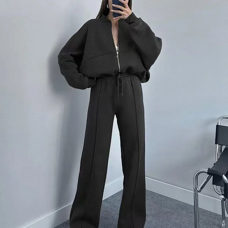 Women's Tracksuit with Zipper Sweatshirt Pants Two Piece Loose High Waist Lace-Up Elastic Waist Trousers Suits Casual Sportswear