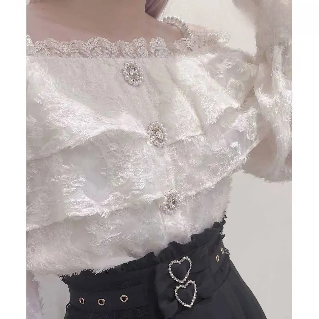 

Rojita Pure Desire Style Sexy Off-Shoulder Pearl Strap Long Sleeve Shirt Sweet Girls Versatile Bow Slim Fit Solid Color Top