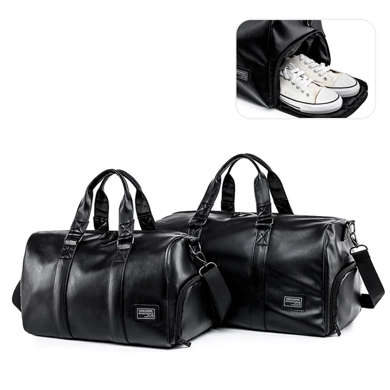 Large Sports Fitness Bag with Shoes Pocket for Men, Black Soft Leather, Big Gym Handbag, Outdoor Sports Luggage Pack, Tote Bags