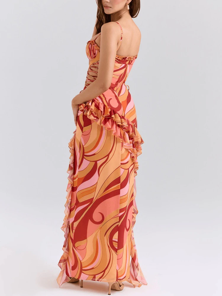 Vestido de fiesta bohe ajustado con estampado de patrón de moda para mujer, vestidos largos sexis con volantes y espalda descubierta, vestido elegante sin mangas con hombros descubiertos y tirantes