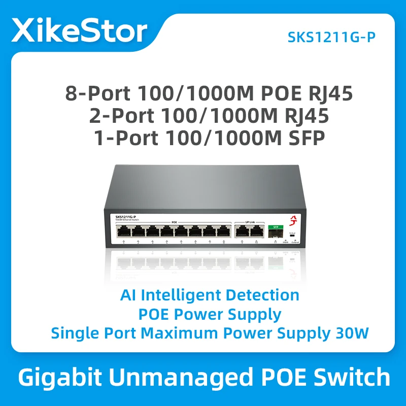 

XikeStor Unmanaged PoE Switch AI Intelligent Detection 1000M 8-port POE RJ45 2-port RJ45 1-port SFP Network Switch Plug Play