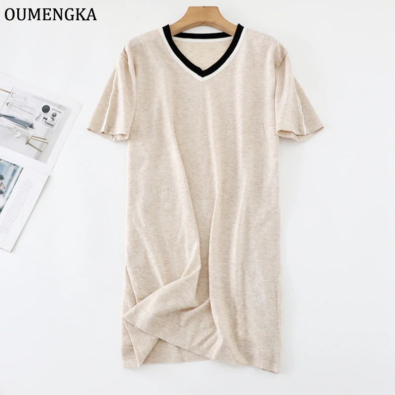 Oumengka lässig Sommer gestreiften V-Ausschnitt lose lange T-Shirt Kleid Frauen Kurzarm solide weiche Strickkleider weibliche Vestidos