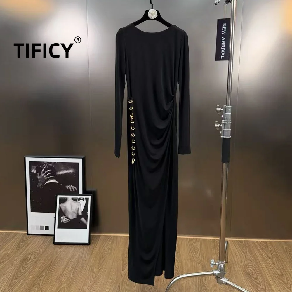 High Street Dresses Women's Round Neck Long Sleeved Metal Buckle Heavy-duty Slit Slim Fit and Slimming Simple Versatile Dress