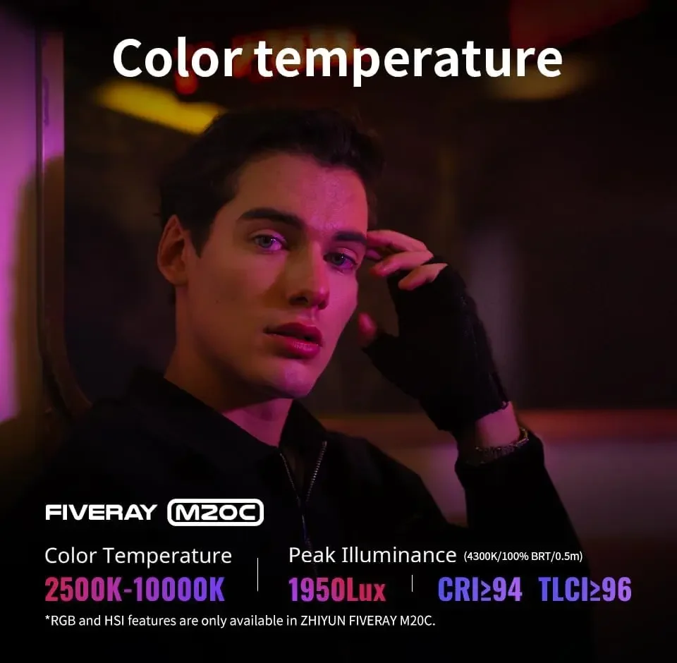 2025 رائجة البيع ZHIYUN FIVERAY M20C Combo [رسمي] 20 واط RGB فيديو ضوء محمول HSI وضع TLCI 96 + درجة الحرارة 16 تأثيرات ضوئية
