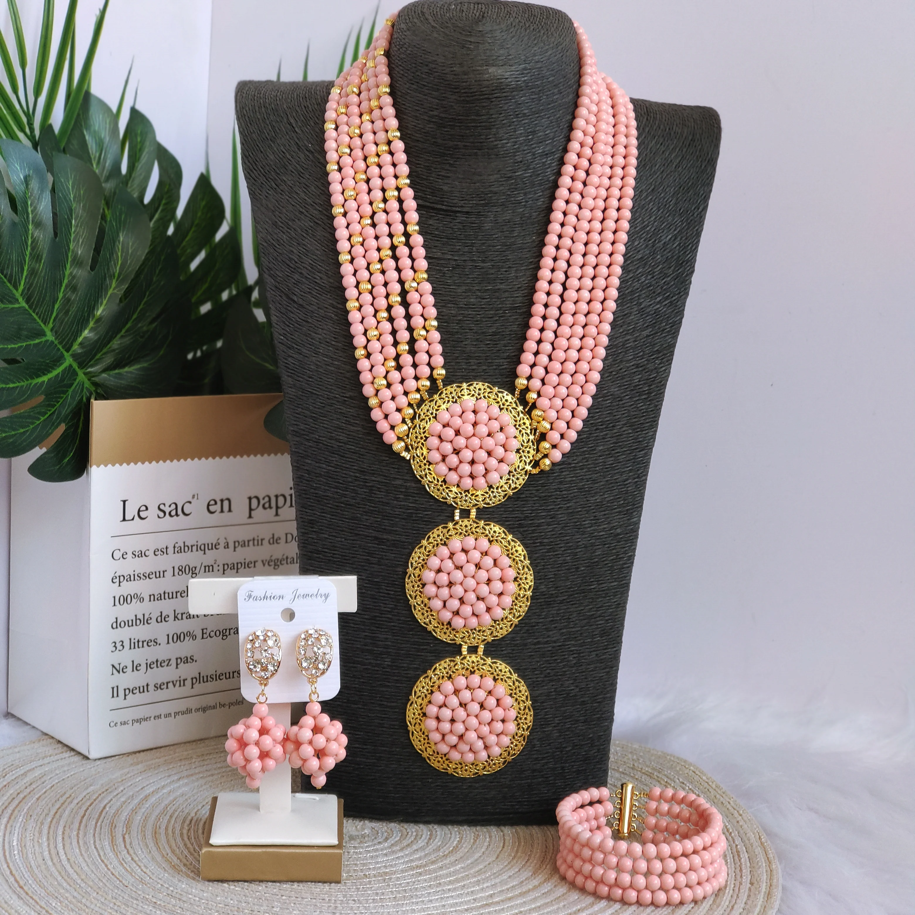 

Peach African Jewelry Set Glass Pearl Beaded Necklace Bracelet Earrings