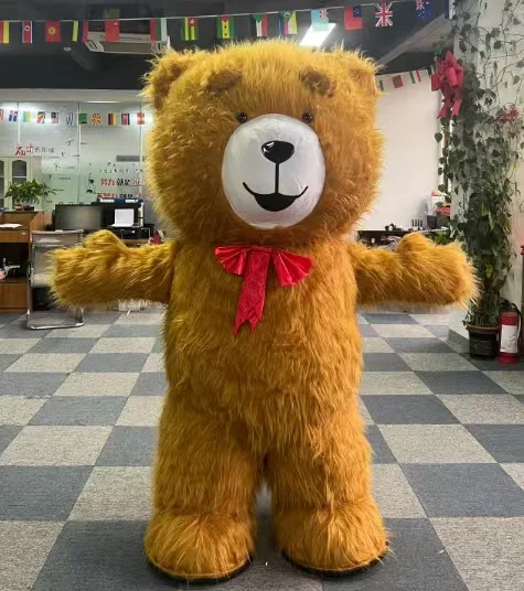 2025 Inflatable Long Plush Teddy Bear Costume For Adult Mascot Animal Full Body Halloween Walking Suit Yellow Pink Brown Cloth