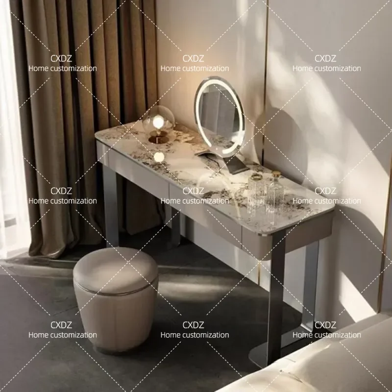 2025 New Solid Wood Makeup Table Dresser for Bedroom Small Apartment Light Luxury Stainless Steel Frame with Rock Slab