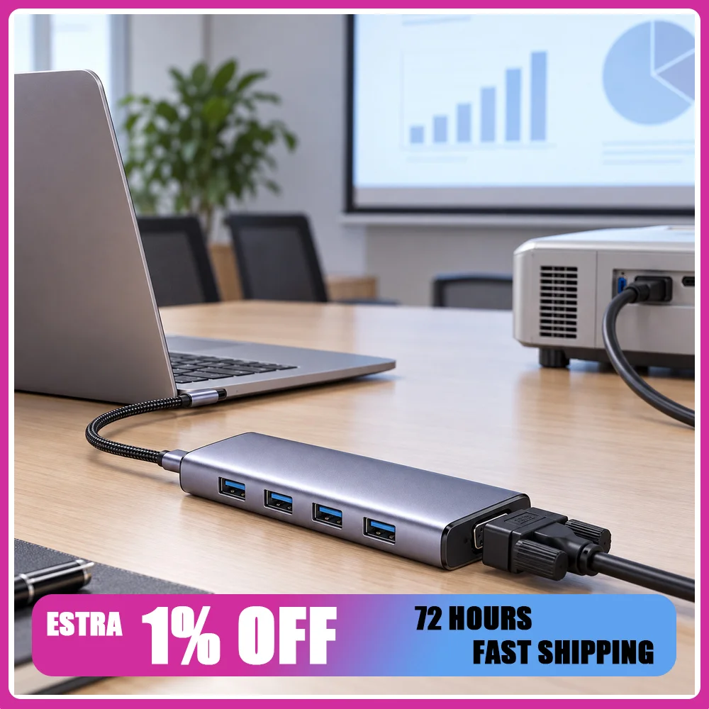 UGREEN CM498 90882 5-in-1 USB-C to VGA Hub, 1080p 60Hz VGA Adapter with 4 USB-A 3.0 5Gbps Data Ports