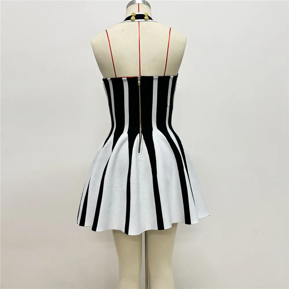 Jacquard Halter Short Dress Black White Vertical Stripes Sleeveless Hanging Neck Pleated Knit Mini Lengh Cocktail Party Dresses