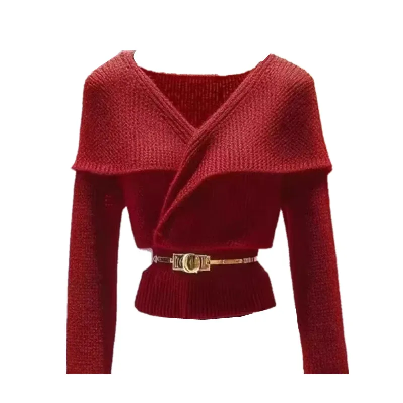 

Women Knitted Pullover Temperament V-Neck Slim Sweaters Autumn Winter New Fashion Metal Belt Jumper Sweater Female Tops B1265