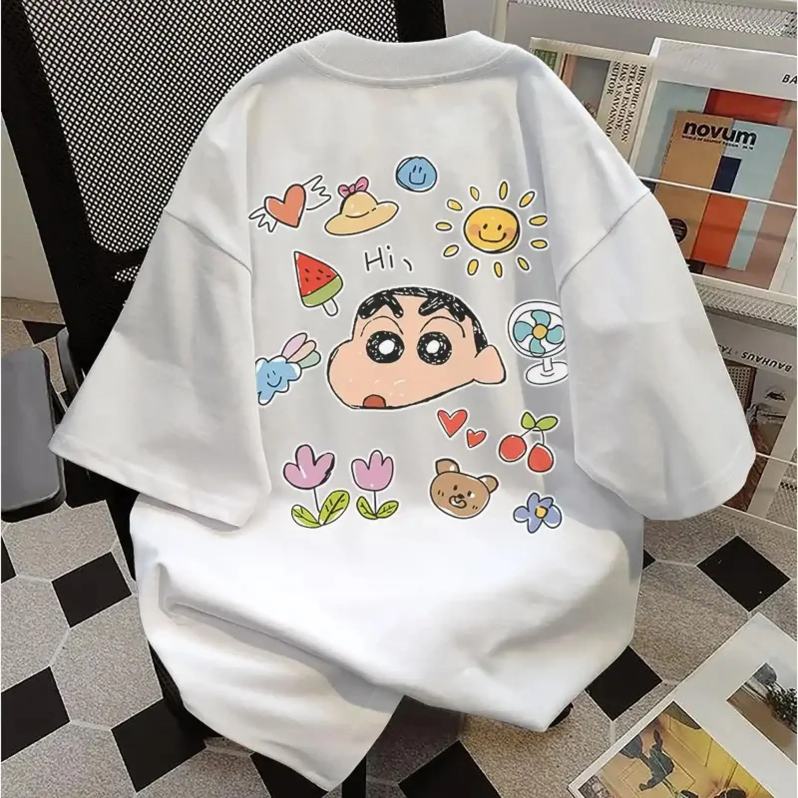 2026 Summer Comic Style Crayon Shin Chan Print Pure Cotton Loose Casual Mens T Shirt Y2K Style