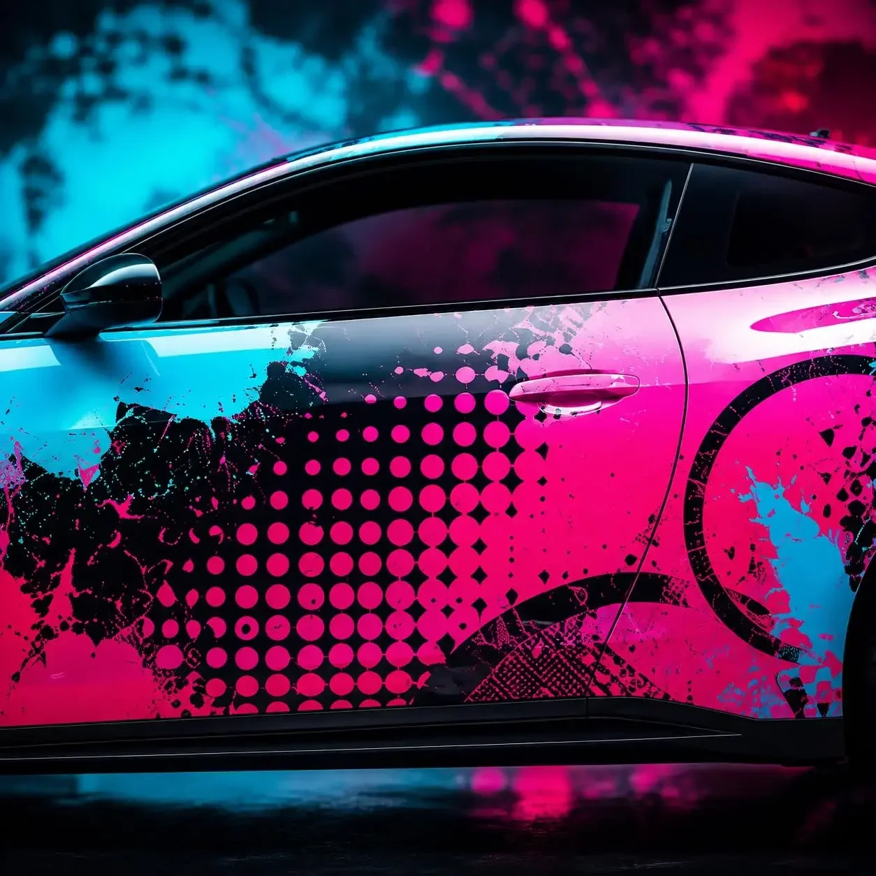 Neon Graffiti Halftone Car Wrap Vinyl, Pink & Blue Splatter