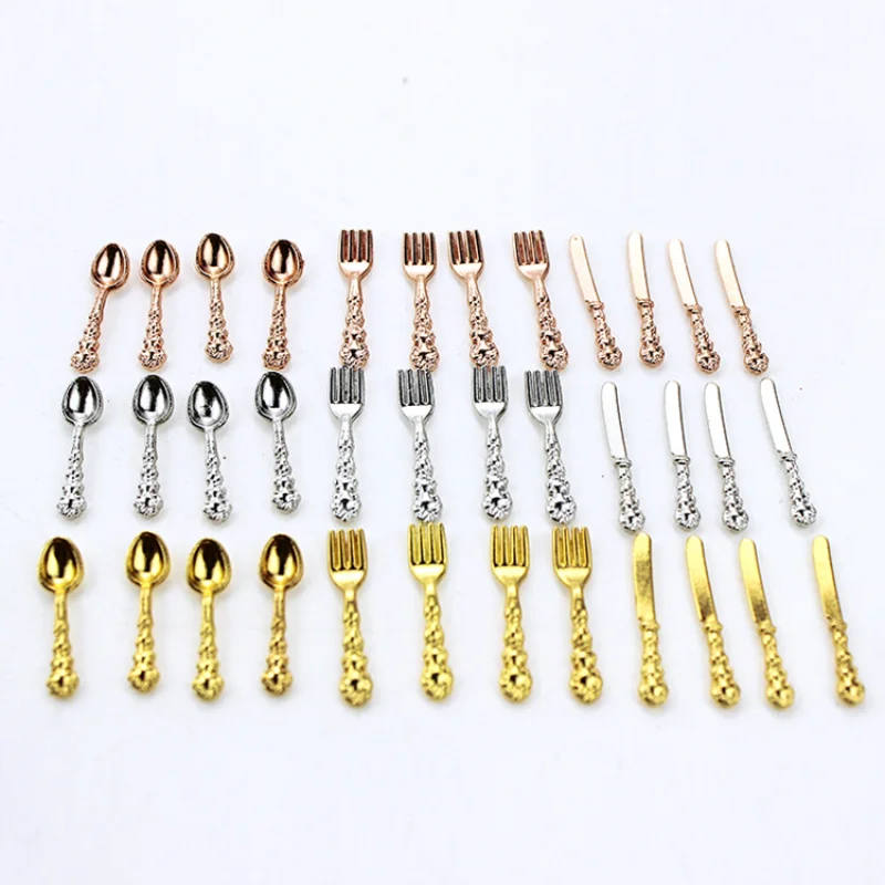 1セット 1:12 ミニチュア ヴィンテージ ドールハウス ミニチュア食器 カトラリー 金属製 ナイフ フォーク スプーン キッチン フード 家具 おもちゃ ゴールド シルバー
