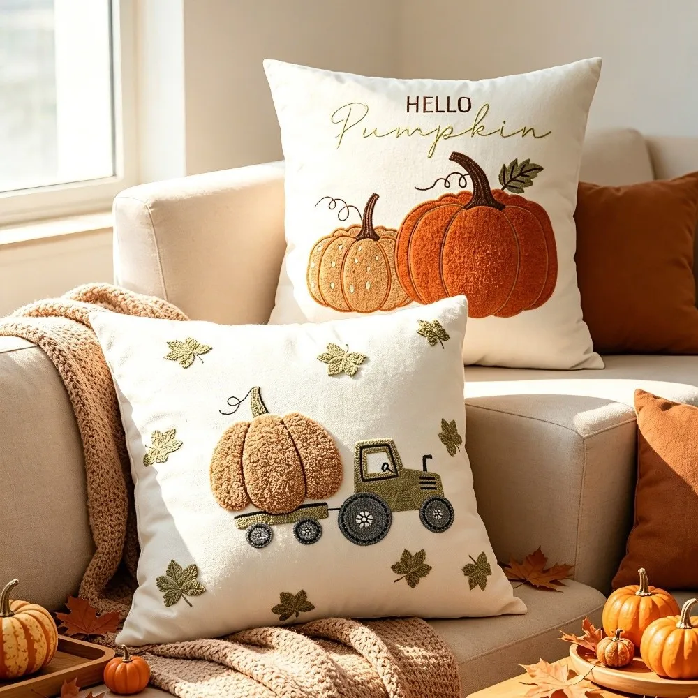 New Pumpkin Tufted Throw Pillow Cover Rustic Style Maple Leaves Autumn Pillowcase Soft Square Pillow Covers Fall Decor